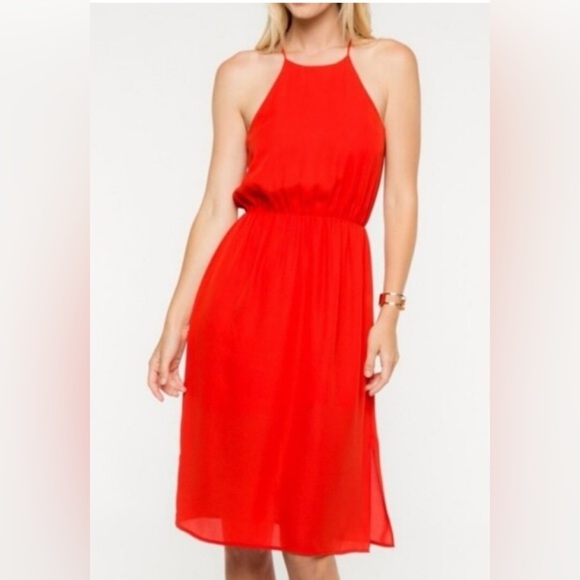 Everly Dresses & Skirts - Everly Cherry Red Goddess Style High Neck Lined Dress Size L - EUC